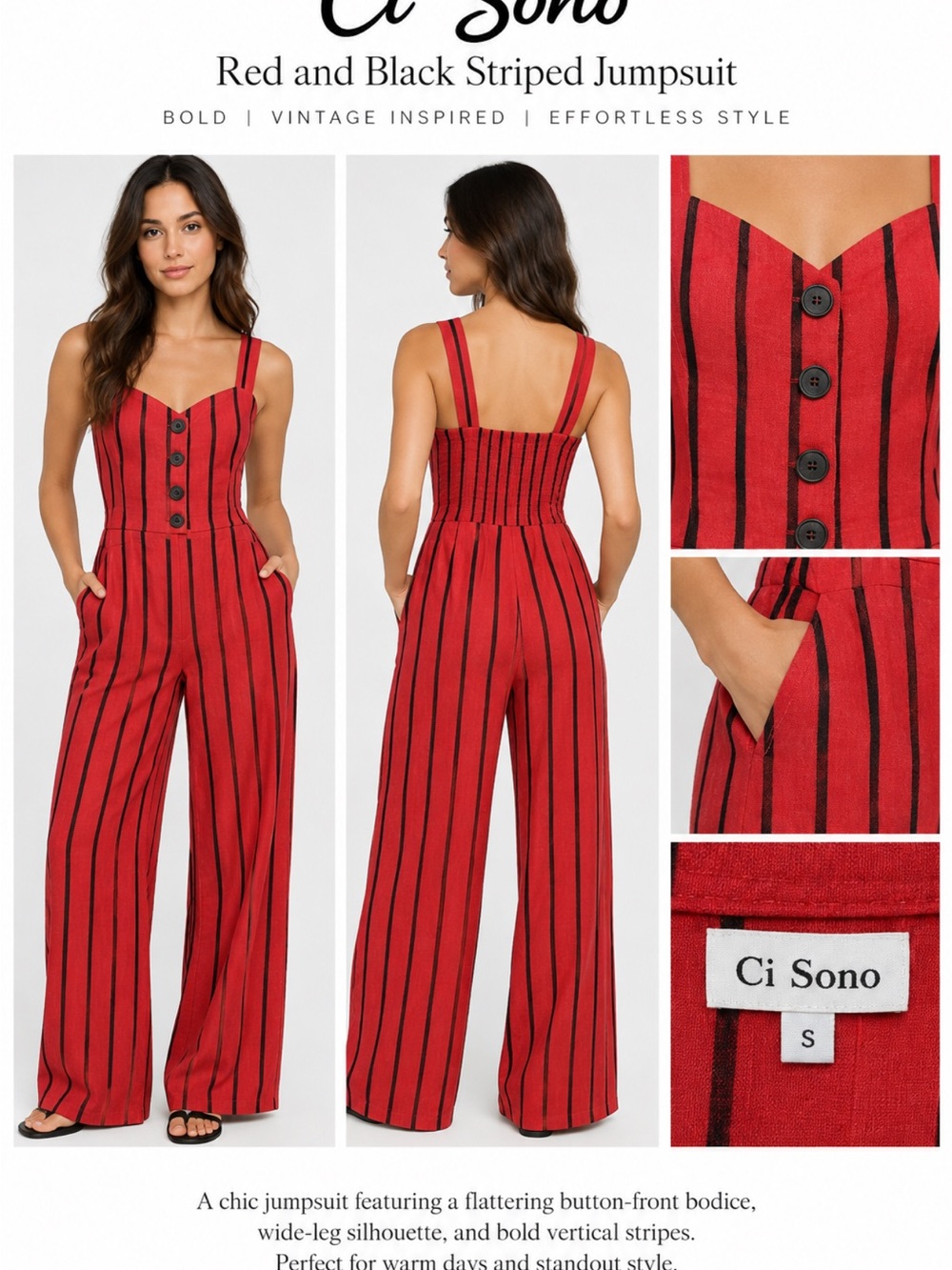 Ci Sono Red and Black Striped Strapless Jumpsuit